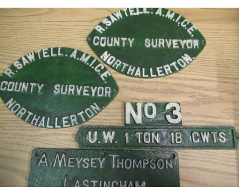 Cast alloy no. "3 U.W. 1 TON 18 CWTS" wagon plaque, "AMEYSEY THOMPSON LASTINGHAM" cast iron plaque, and two cast alloy oval p