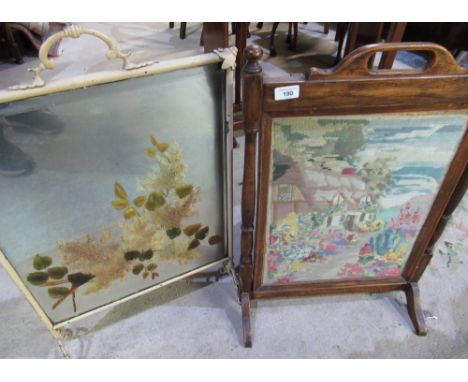 1950s oak framed fire screen/occasional table with glazed wool work panel H70cm W48cm and an Edwardian metal framed mirror fi