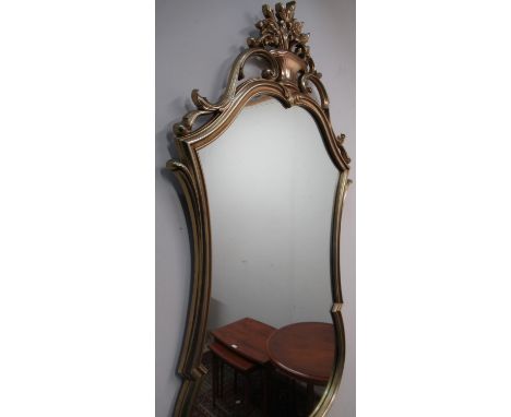 Chippendale style shaped rectangular gilt framed wall mirror, with flower basket and scroll cresting H127cm W70cm 