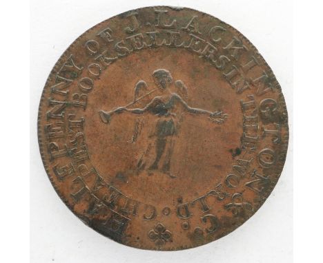 1794 halfpenny token: J Lackington, Cheapest Bookseller In The World. UK P&amp;P Group 0 (£6+VAT for the first lot and £1+VAT