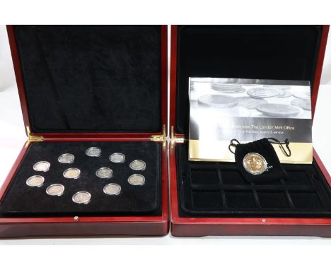 A set of twelve Victorian and later shillings, boxed, with a further collectors coin presentation box and a 2011 gilt commemo