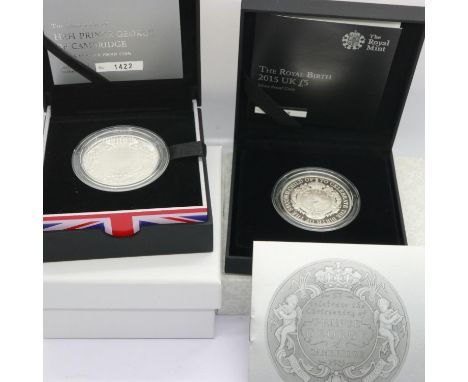Two silver proof commemoratives: 2015 Christening of Prince George £5 and 2015 Royal Birth £5, each boxed with CoA. UK P&amp;