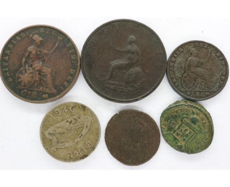 Two Roman coins, three 19th century copper denominations and a 1946 Eire sixpence. UK P&amp;P Group 1 (£16+VAT for the first 