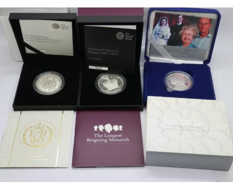 Three silver proof commemoratives: QEII 90th Birthday £5, 2015 Longest Reigning Monarch £5 and 2007 Diamond Wedding crown, ea