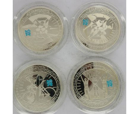 The Countdown to London 2012 set of four silver proof £5 coins, boxed with CoAs. UK P&amp;P Group 0 (£6+VAT for the first lot