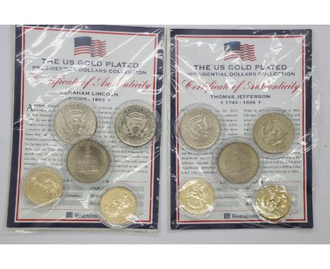 Six USA half dollars, with four gilt dollars from The US Gold Plated Presidential Dollars Collection. UK P&amp;P Group 1 (£16