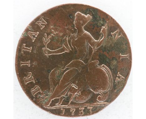 1757 half penny of George II - aVF grade. UK P&amp;P Group 0 (£6+VAT for the first lot and £1+VAT for subsequent lots) 