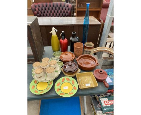 AN ASSORTMENT OF CERAMIC ITEMS TO INCLUDE TUREENS, SPICE CADDIES AND SODA SYPHONS ETC 
