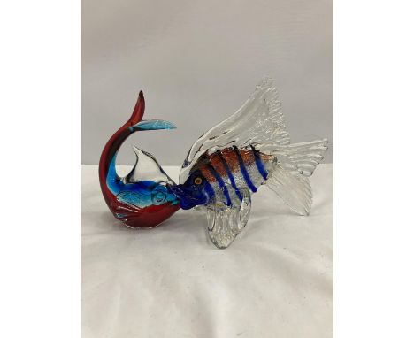 TWO BLUE AND RED MURANO STYLE GLASS FISH 