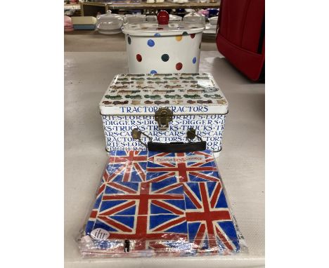 AN EMMA BRIDGEWATER BISCUIT BARREL, EMMA BRIDGEWATER UNION JACK SERVIETTES AND A VINTAGE TRACTORS TIN 