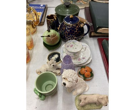 A LE CREUSET SAUCEPAN, CARLTONWARE PRESERVE POT AND STAND, TEAPOT, SCOTTIE DOGS, CHINA TRIO, ETC 