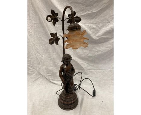 A RESIN LAMP BASE WITH YOUNG GIRL AND LEAF DESIGN WITH PINK FLUTED GLASS SHADE 