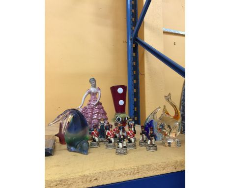 A DUTCH FIGURINE, FIGURES OF NAPOLEONIC SOLDIERS, NAPOLEON AND JOSEPHINE, MURANO STYLE GLASS CLOWN AND GLASS PAPERWEIGHTS 