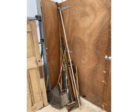 A LARGE ASSORTMENT OF VINTAGE GARDEN TOOLS TO INCLUDE SPADES, RAKES AND SHEARS ETC 
