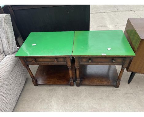 A PAIR OAK TITCHMARSH &amp; GOODWIN LAMP TABLES, TOP PAINTED GREEN, 24X20" 