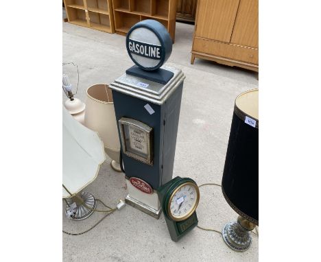 A WOODEN PETROL PUMP STYLE CUPBOARD AND A CLOCK 