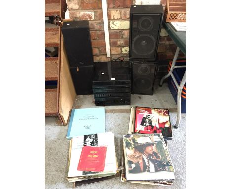 A PROLINE STEREO MIDI SYSTEM WITH FOUR SPEAKERS AND A QUANTITY OF VINYL RECORDS TO INCLUDE SANTANA, BOB DYLAN, LITTLE RICHARD