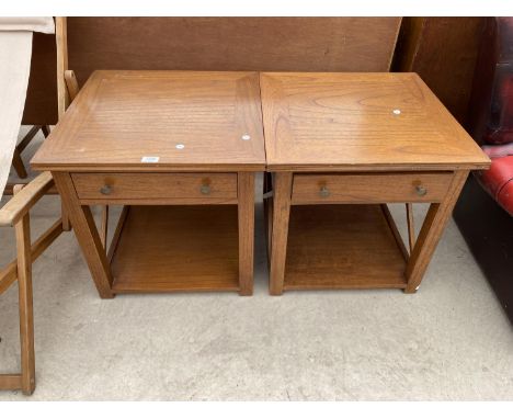 A PAIR OF HARDWOOD TWO TIER LAMP TABLES, 22" SQUARE 