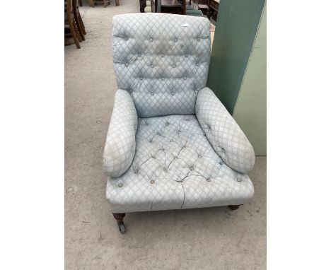 A 19TH CENTURY SPRUNG AND UPHOLSTERED BUTTON-BACK EASY CHAIR 