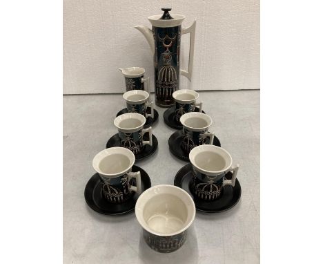 A PORTMERION 'MAGIC CITY' COFFEE SET TO COMPRISE, COFFEE POT, CREAM JUG, SUGAR BOWL, 6 CUPS AND SAUCERS 