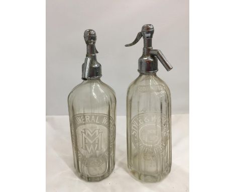 TWO VINTAGE SODA SYPHONS WITH METAL TOPS, STYLE AND WINCH, MAIDSTONE AND MEDWAY MINERAL WATERS, ROCHESTER 