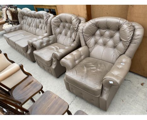 THREE PIECE LEATHER 'BOUYANT' SUITE WITH BUTTON-BACK AND ARMS 