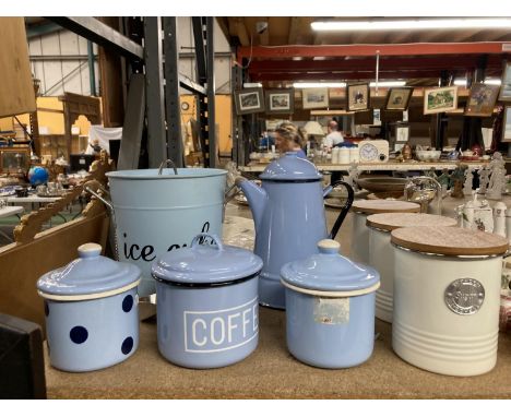 A SET OF ENAMEL ICE BUCKET, COFFEE POT, STORAGE CANISTERS, ETC 