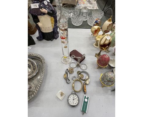 VARIOUS ITEMS TO INLCUDE AN INGERSOL POCKET WATCH,PEN KNIVES, WATCHES, THERMOMETER, A FRENCH MAGNIFYING COMPASS ETC 