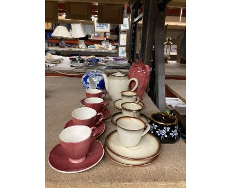 A CARLTONWARE COFFEE POT AND FOUR CUPS AND SAUCERS, WEST GERMAN TEAPOT WITH CUPS AND SAUCERS AND A VERY OLD ORIENTAL STYLE TE