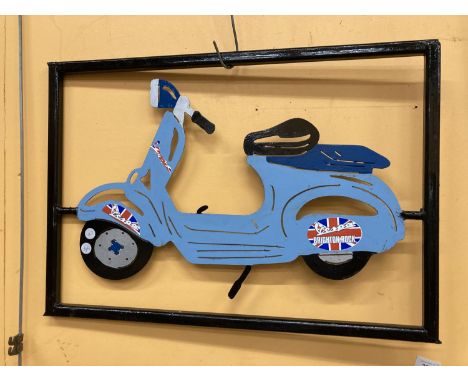 A METAL VESPA SCOOTER IN A METAL FRAME 44CM X 63CM 