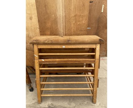 A VINTAGE THREE TIER VAULTING HORSE, 53X38" MAX WITH SUEDE TOP 