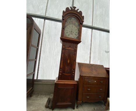 A 19TH CENTURY MAHOGANY AND INLAID EIGHT-DAY LONGCASE CLOCK WITH PAINTED ENAMEL DIAL, HAVING SCENES OF WALES, IRELAND, SCOTLA