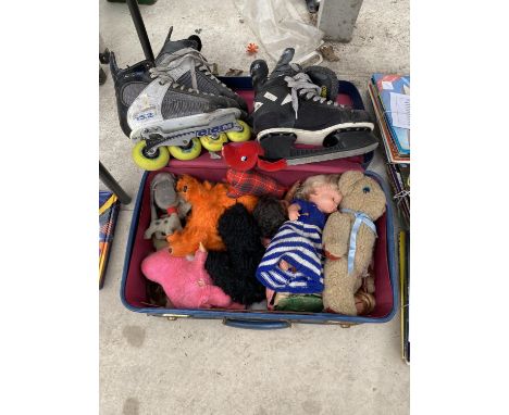 A COLLECTION OF CHILDRENS TOYS, ROLLER SKATES AND ICE SKATES ETC 