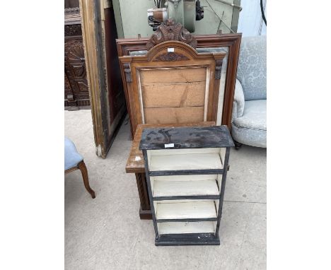 A VICTORIAN WALNUT MIRROR FRAME, MAHOGANY FRAMED MIRROR, BOX COMMODE AND SMALL OPEN BOOKCASE 