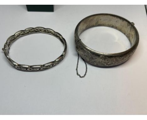 TWO MARKED SILVER BANGLES ONE OF CELTIC DESIGN WITH ORIGINAL PRESENTATION BOX AND THE OTHER HALLMARKED BIRMINGHAM GROSS WEIGH