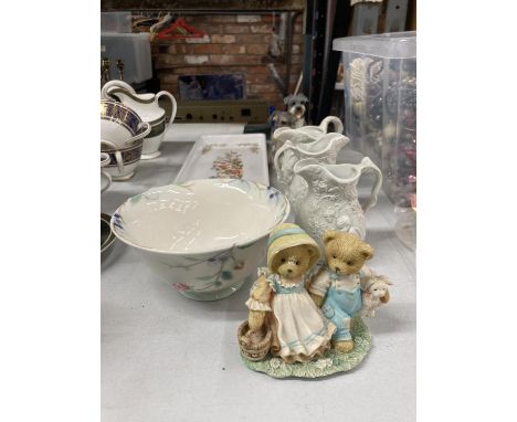 THREE PORTMERION PARION JUGS WITH EMBOSSED FIGURES, FIGURINES, AYNSLEY TRAY AND A ROYAL DOULTON BOWL 