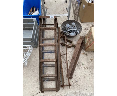 TWO METAL CAR RAMPS, GATE HINGES AND WIRE TIGHTENERS ETC 