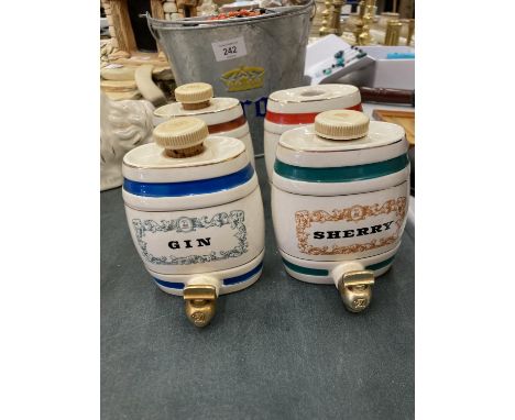 FOUR SMALL WADE BARRELS - PORT, GIN, SHERRY AND SCOTCH - ONE MISSING ITS LID 