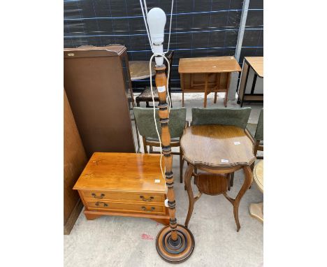 AN EDWARDIAN TWO TIER CENTRE TABLE, STANDARD LAMP AND YEW WOOD TV STAND 