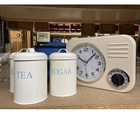 A QUANTITY OF ENAMELLED KITCHEN ITEMS TO INCLUDE A WALL CLOCK/TIMER, STORAGE CANISTERS, BREAD AND FLOUR BINS 