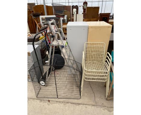AN ASSORTMENT OF ITEMS TO INCLUDE FOUR METAL STACKING CHAIRS, A FOUR RUNG STEP LADDER AND A FIRE GAURD ETC 