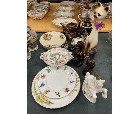FIVE ALFRED MEAKIN 'THE HAYRIDE' PLATES, HORSE MODELS, CERAMIC CAT, TEAPOTS, ETC 