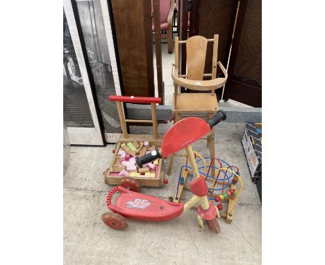 AN ASSORTMENT OF CHILDRENS ITEMS TO INCLUDE A HIGH CHAIR, A SCOOTER AND A WALKER ETC 