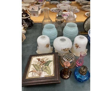 A QUANTITY OF VINTAGE LAMP SHADES, OIL LAMP AND OIL LAMP SHADES, FRAMED DELFT TILE, TEAPOT STAND, ETC 