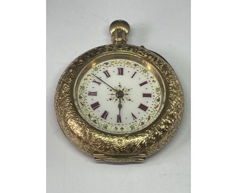 A 14CT GOLD LADIES POCKET WATCH WITH A ENAMEL DIAL AND WITH ROMAN NUMERALS OUTER ALONG WITH PRESENTATION BAG 