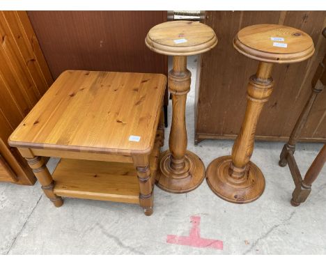 TWO MODERN PINE PEDESTALS, 10" DIAMETER AND PINE LAMP TABLE 