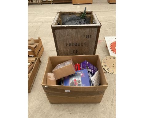 A VINTAGE TEA CHEST, AN ARTIFICIAL CHRISTMAS TREE AND DECORATIONS ETC 
