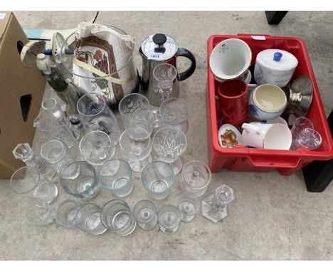 AN ASSORTMENT OF GLASS AND CERAMIC WARE TO INCLUDE TUMBLERS AND CUPS ETC 