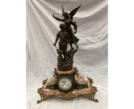 A MARBLE AND METAL MANTLE CLOCK WITH A BLACKSMITH AND FAIRY SCULPTURE TO THE TOP, HEIGHT 78CM, LENGTH 49.5CM 