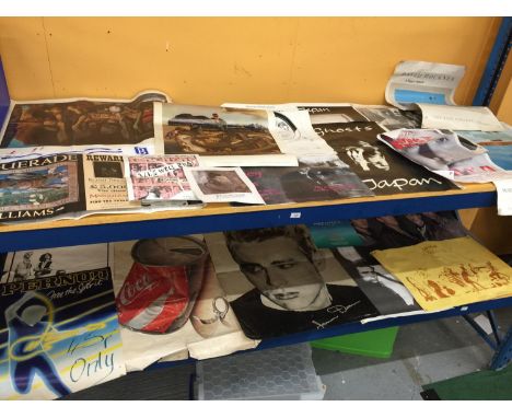 A QUANTITY OF VINTAGE POSTERS TO INCLUDE COCA-COLA, JAMES DEAN, ULTRAVOX, GENESIS, JAPAN, ETC 